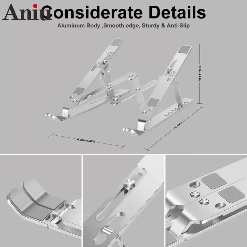 Soporte plegable para PC portátil en aluminio, ajustable y antideslizante.