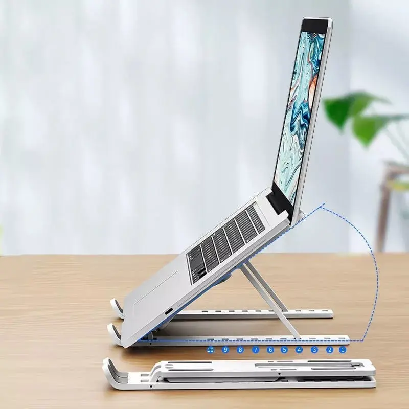 Soporte plegable para laptop de plástico, con altura ajustable, ideal para ergonomía.