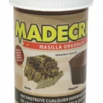 Masilla Orgánica Resane Madera 0.2K, masilla para madera en tarro blanco con etiqueta que muestra resultados antes y después.