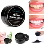 Carbón activado para blanquear dientes, en tarro negro, con antes y después de sonrisa.