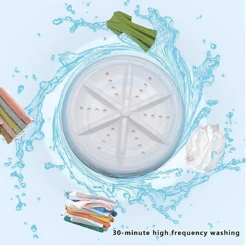 Mini lavadora portátil con turbina, ropa en agua y apilada, lavado de alta frecuencia.