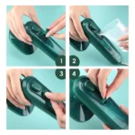 Mini plancha a vapor viajera: cómo abrir tapa, agregar agua y usar botón.