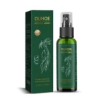Spray Ouhoe Ginseng Natural Herbs para crecimiento capilar, botella verde con caja.