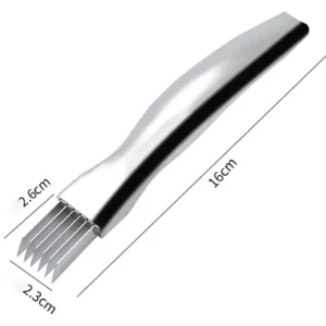 Rebanador picador manual de verdura de acero inoxidable, diseño ergonómico, ideal para picar cebolla y otras hortalizas.