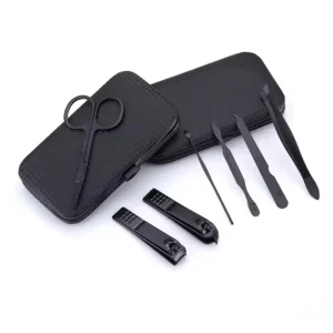 Set de manicure 8 en 1 negro con estuche, tijeras, cortauñas y herramientas.