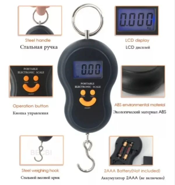Pesa maletas digital portátil de acero con pantalla LCD y gancho, ideal para viajes.