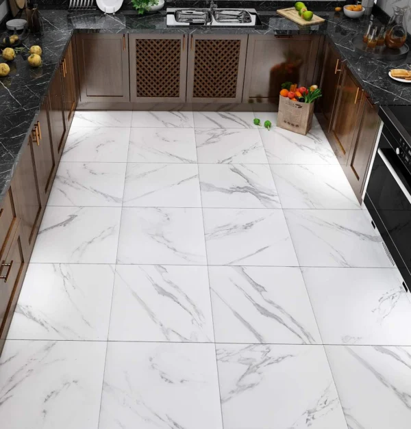 Azulejo adhesivo 60x60 blanco mármol brillante en suelo de cocina moderna.
