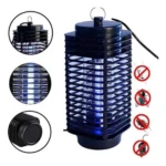 Lámpara LED repelente de mosquitos negra, con detalladas rejillas y luces azules, ideal para interiores.