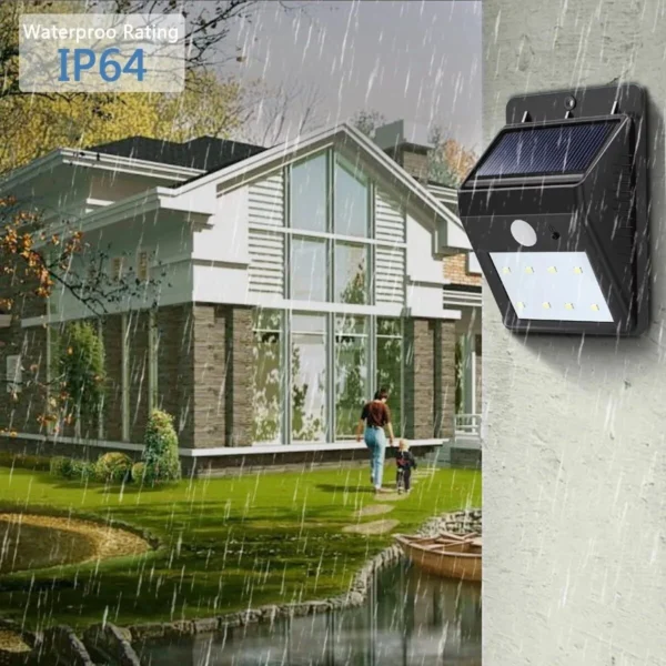 Lámpara solar de 30 LEDs IP64 para exteriores, montada en pared, ilumina casa con lluvia.