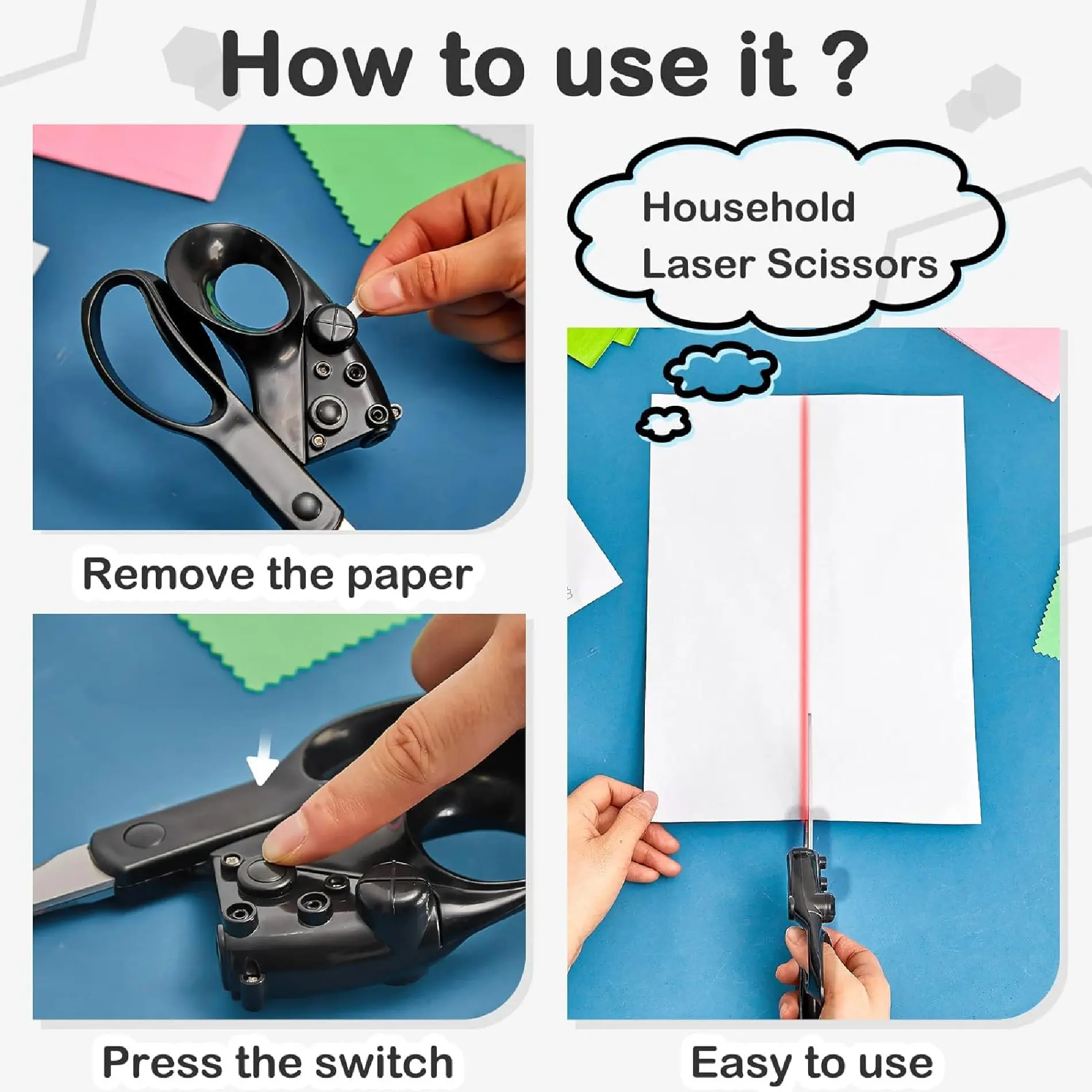 Tijeras con guía láser: corta papel con precisión. ¡Fácil de usar!