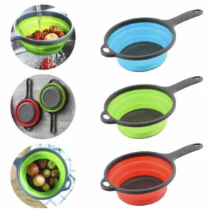 Colador escurridor plegable expandible verde con asas, ideal para lavar y escurrir frutas y verduras.