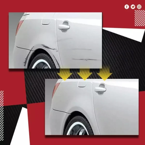 Esfero mágico repara rayones en puerta de carro blanco, mostrando antes y después.