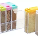 Condimentera Box X6 con 6 recipientes transparentes para especias con tapas de colores, organizador de cocina.