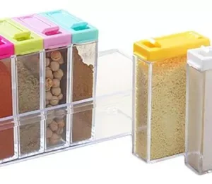 Condimentera Box X6 con 6 recipientes transparentes para especias con tapas de colores, organizador de cocina.