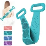 Estropajo de silicona largo azul para espalda, con asas y textura exfoliante, ideal para baño.