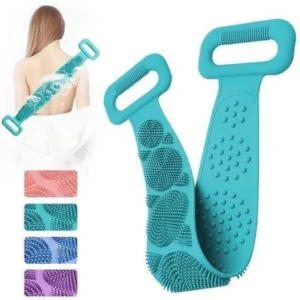 Estropajo de silicona largo azul para espalda, con asas y textura exfoliante, ideal para baño.