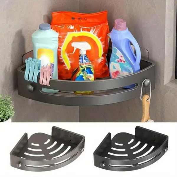 Estantería de baño esquinera con detergente, suavizante y cepillo.