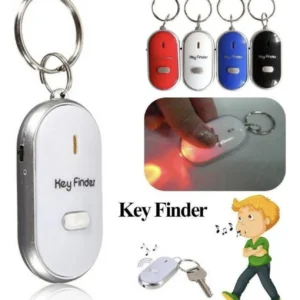 Llavero antipérdida localizador de llaves: dispositivo blanco y plateado con indicador LED y llavero.