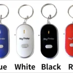 Llavero antiperdida localizador de llaves en azul, blanco, negro y rojo con diseño de alarma sonora.