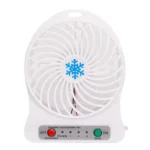 Mini ventilador recargable blanco con 3 velocidades y diseño de copo de nieve.