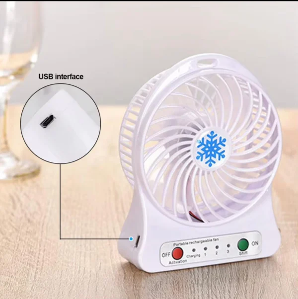 Mini ventilador recargable blanco con 3 velocidades, conexión USB y indicador de carga.