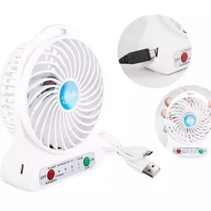 Mini ventilador recargable blanco de 3 velocidades con cable USB y detalles de uso.