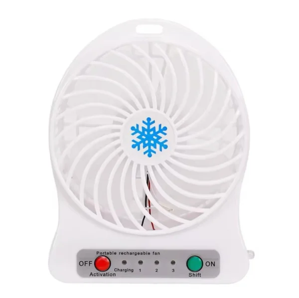 Mini ventilador recargable blanco con 3 velocidades y diseño de copo de nieve.