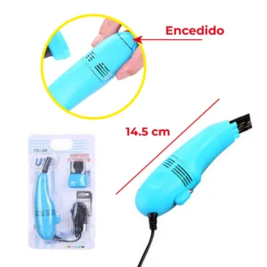 Mini aspiradora USB azul para limpieza de teclados y computadoras, con cepillo.
