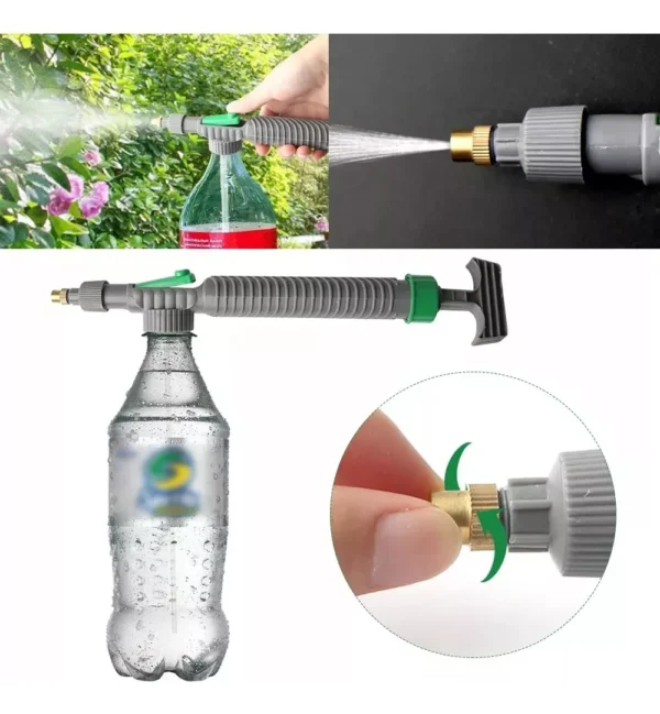Rociador a presión para botellas, ideal para jardinería y limpieza con ajuste de boquilla.