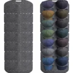 Organizador de gorras perchero de fieltro gris con 14 puestos, exhibe gorras de colores.