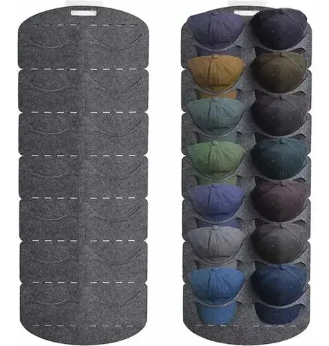 Organizador de gorras perchero de fieltro gris con 14 puestos, exhibe gorras de colores.