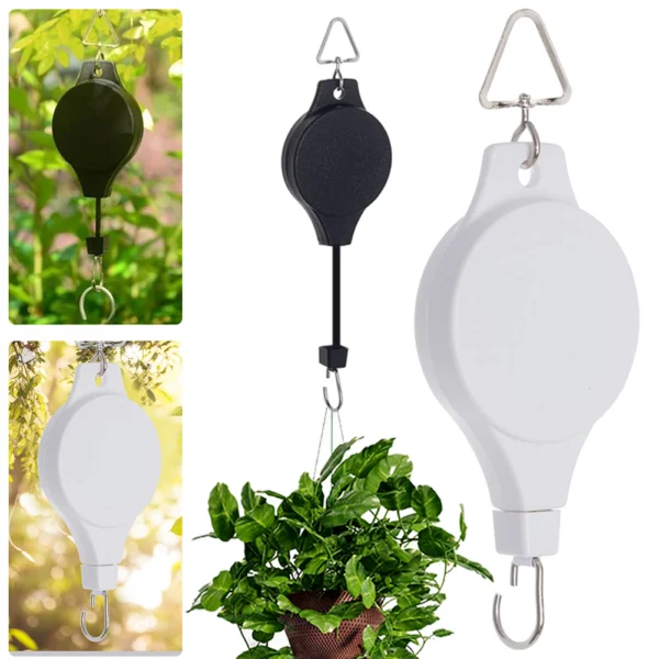 Polea retráctil para materas colgantes, negra y blanca, con planta.