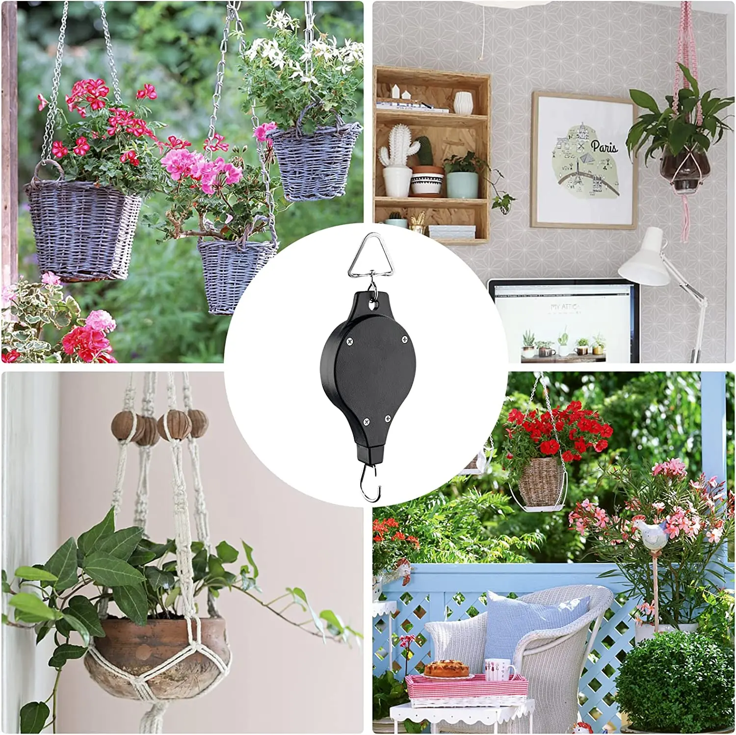 Polea retráctil para materas colgantes con plantas de interior y exterior.