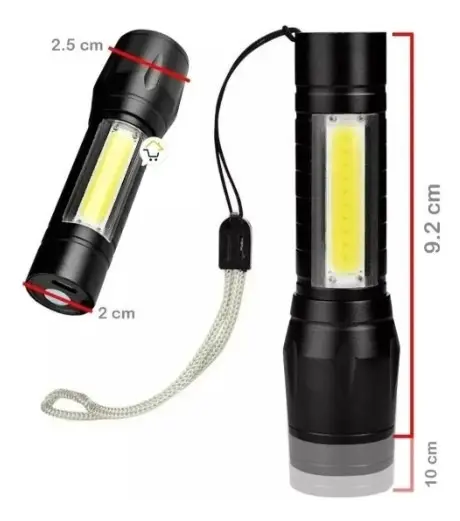 Mini linterna metálica recargable LED de 9.2 cm, con correa y medidas de 2.5 y 2 cm de diámetro.
