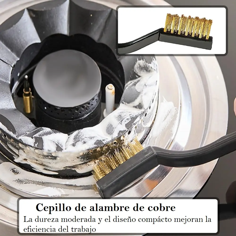 Cepillo de alambre de cobre limpiando quemador de estufa cubierto de espuma, diseño compacto.