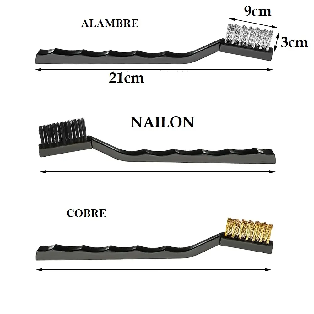 Juego de cepillos de limpieza para cocina: alambre, nailon y cobre, con medidas.