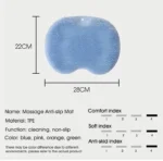 Tapete de baño azul con ventosas antideslizantes y masajeador de pies.