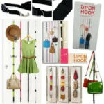 Perchero organizador ajustable de puerta con múltiples bolsillos para bolsos, sombreros y accesorios.