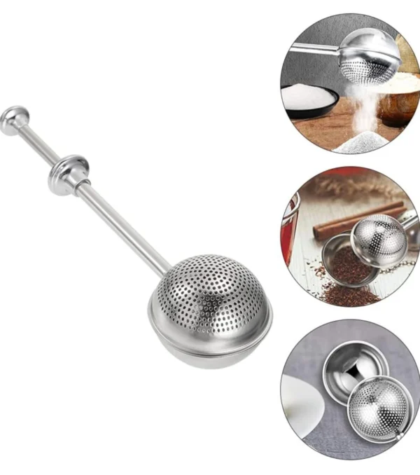 Cuchara difusora metálica para té, con diseño de esfera perforada y mango extensible.