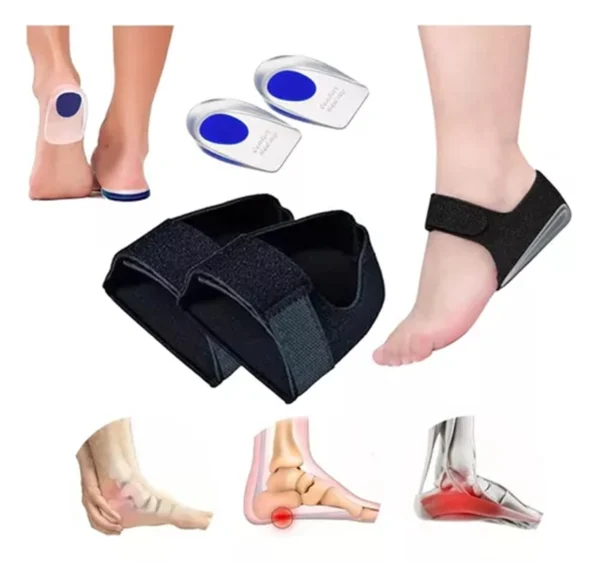 Plantillas taloneras de silicona ajustables para alivio de dolor de talón y fascitis plantar.