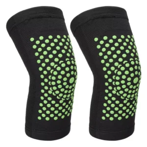 Rodillera Duo Elástica negra con puntos verdes para soporte y confort.