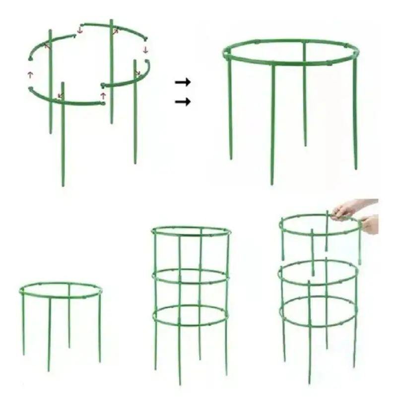 Soporte de jardín verde para plantas enredaderas, matas y rosas en forma de aro.