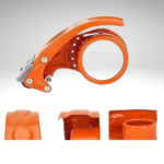 Dispensador de cinta adhesiva naranja con diseño ergonómico y seguro.