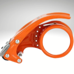Dispensador de cinta adhesiva naranja con cortador integrado, ideal para embalaje.
