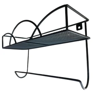 Estante de pared negro con soporte para colgar, diseño de malla y curvo.