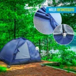 Carpa de camping azul para 4 personas semi-impermeable, con malla antimosquitos y cierre.