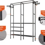 Closet Armario Doble Multifuncional Orga: tubo grueso, tela lavable, ganchos ajustables y patas elevadas.