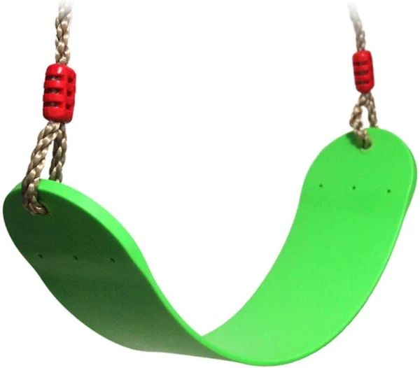 Columpio verde infantil para exteriores con cuerdas y topes rojos de seguridad.