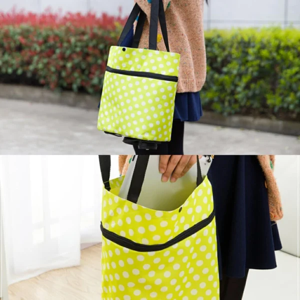 Bolso de mercado portátil amarillo con puntos blancos, ideal para compras, ligero y plegable.