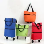 Carrito de mercado portátil para compras en colores azul, verde, naranja y rojo.